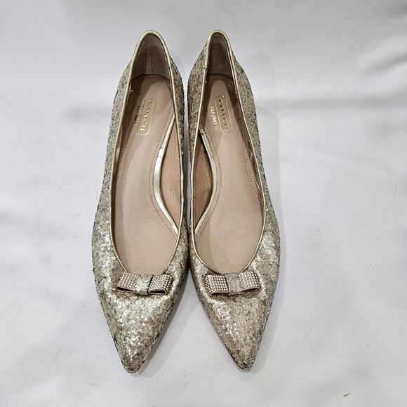 Coach Womens Monroe Sequin Bow Kitten Heels Size 7.5B Silver Low Heeled Shoes - Picture 4 of 14